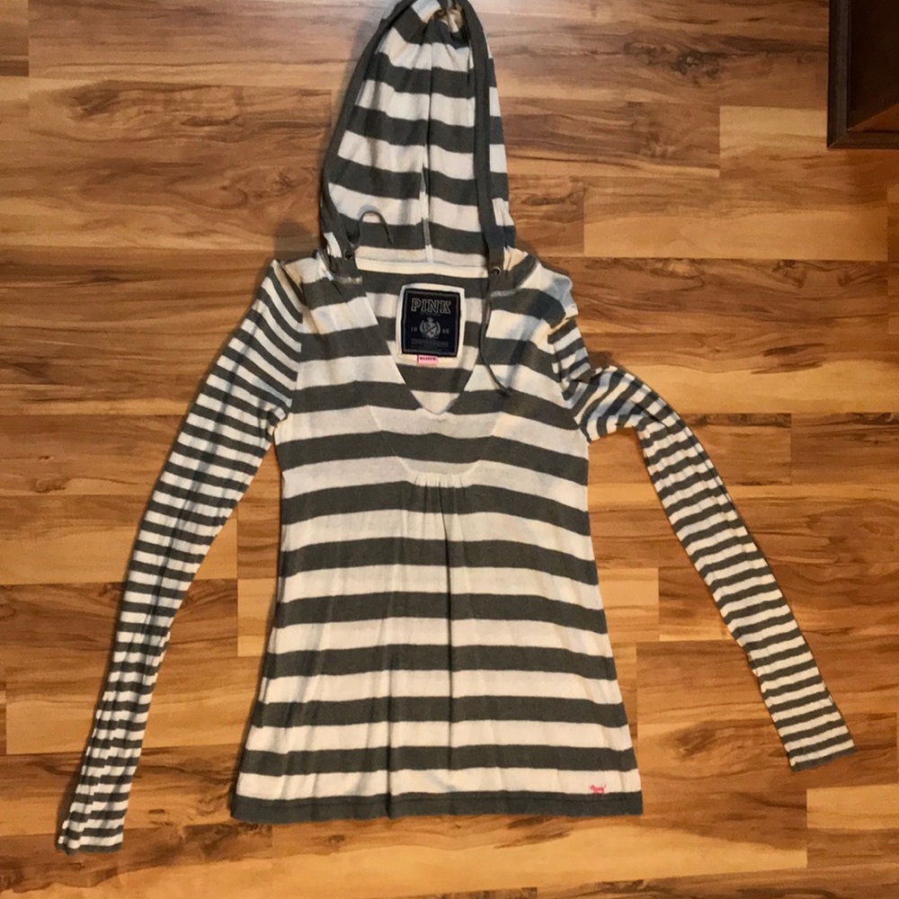 PINK striped gray and white hooded soft tee
